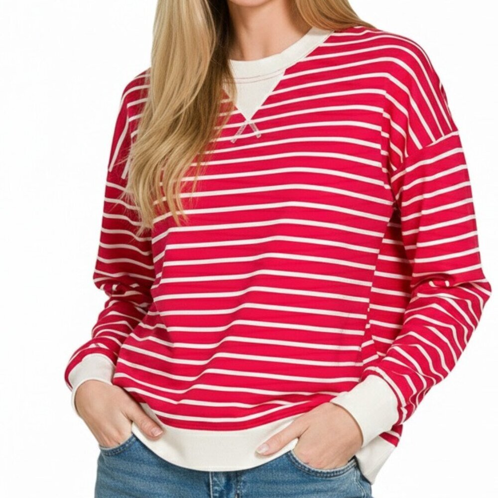 NWT Zenana Contrast Striped Round Neck Sweatshirt – Sporty Casual Pullover